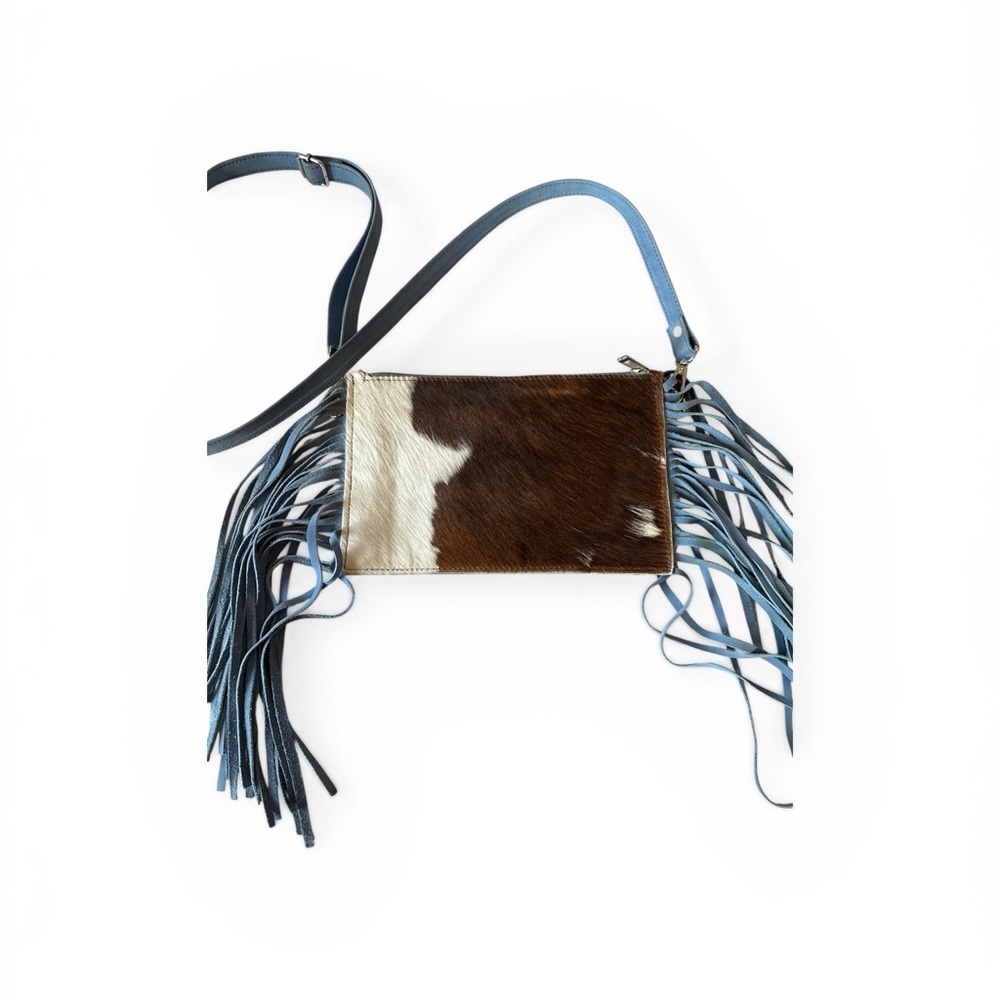 Western Linens-HairOnHide Fringe Crossbody Powder Blue Homestead Coastal Cowgirl - Picture 4 of 14